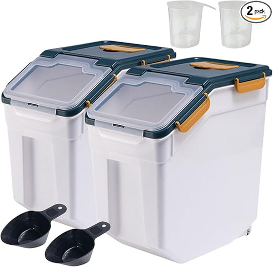 PENCK Large Flour Storage Container 20lbs (2 Pack) - 25lb Rice & Food Dispenser with Locking Lid, Measuring Cup & Scoop - Kitchen Pantry Organizer for Cereal, Grain(Blue)