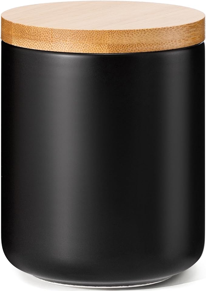 Yangbaga Black Canisters for Kitchen-Kitchen Canisters for Countertop with Airtight Wood Lids/Spoons/Stickers,Ceramic Kitchen Storage Containers for Large Flour,Suger,Coffee（15 OZ