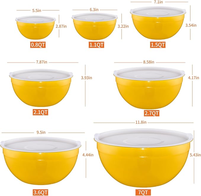 Onlycooker Yellow Mixing Bowls With Airtight Lids,Stainless Steel Bowl,Salad Bowls 7 Piece Colorful Nesting Bowl Yellow Kitchen Accessories,Size 7,3.6,2.7,2.1,1.5,1.1,0.8QT Stackable Design