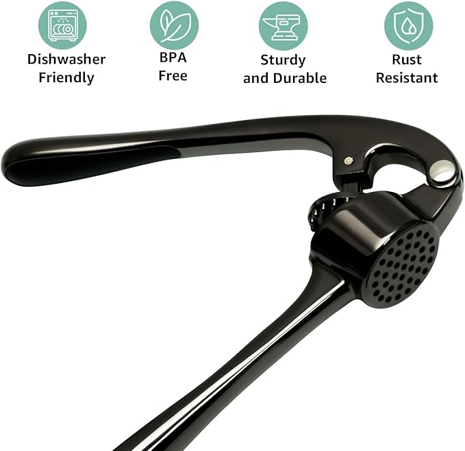 GD Black Garlic Press Crusher Mincer Tool - Premium Garlic Press smasher, Dishwasher Safe & Rust Proof, Easy-Squeeze Garlic Crusher with Ergonomic Handle - Includes Silicone Peeler & Brush (Black)
