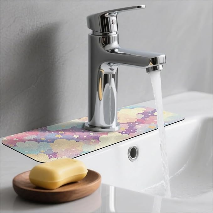 Kitchen Sink Splash Guard，Cute clouds and stars Faucet Mat Sink Gadgets-Super Absorbent Fast Drying Mat Drip Catcher for Kitchen, Bathroom,Sink Mat, Dish Drying Mat, Bathroom(15" X 5.5" )