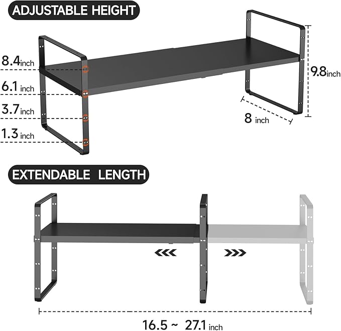 jkxoo 16.5-27’’L Expandable Cabinet Shelf Organizers, Stackable Metal Shelves Extender for Kitchen Countertop Storage, Adjustable Spices Shelves Rack Stand for Cupboard Pantry, Black