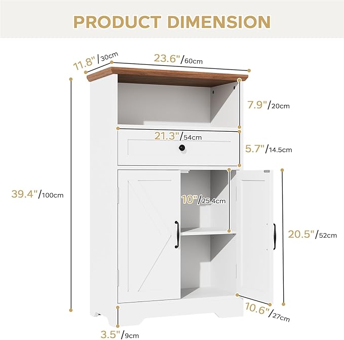 Viroformo Floor Cabinet, Farmhouse Storage Cabinet with Barn Doors and Drawer, 11.81" D x 23.62" W x 39.37" H White Freestanding Adjustable Shelf Organizer for Bathroom, Kitchen, Living Room