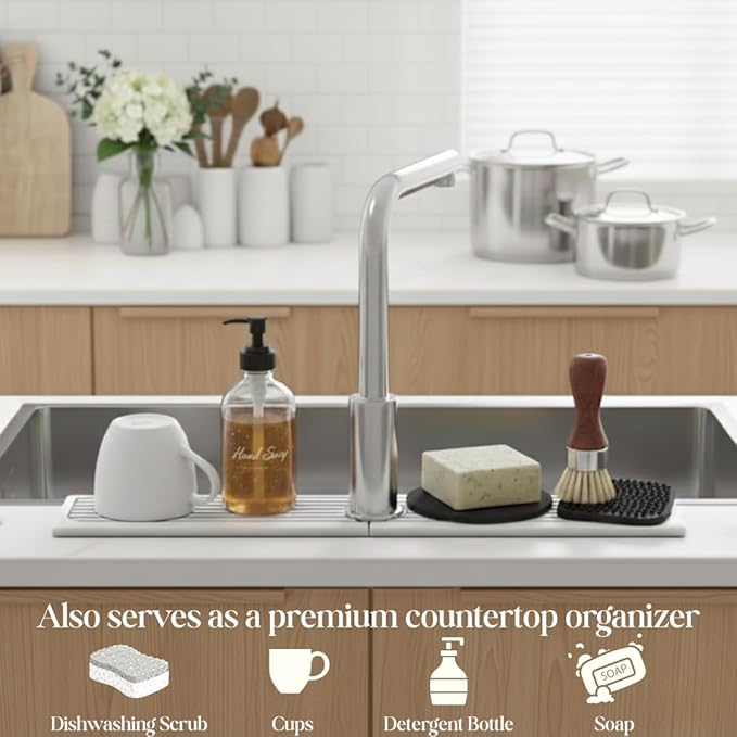 Faucet Mat for Kitchen Sink – Diatomite Drying Stone Mat & Sink Protector, Prevent Moisture – Sink Splash Guard Water-Absorbing Stone Tray for Bathroom Counter - Light Grey (23.6" x 3.9")