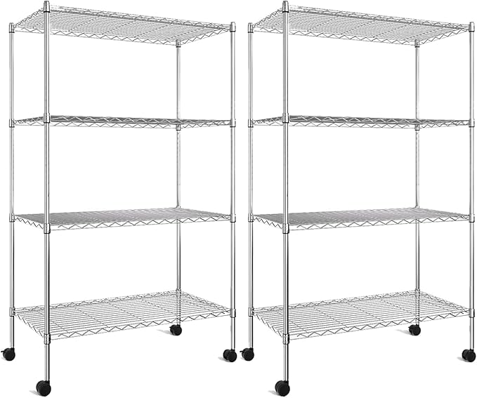 YSSOA Heavy Duty 4-Shelf Shelving with Wheels, 35.43" D x 17.72" W x 61.02" H Adjustable Steel Organizer Wire Rack 1000 Lb Capacity, Chrome, 2 Pack