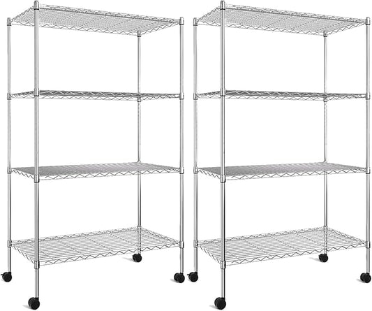 YSSOA Heavy Duty 4-Shelf Shelving with Wheels, 35.43" D x 17.72" W x 61.02" H Adjustable Steel Organizer Wire Rack 1000 Lb Capacity, Chrome, 2 Pack