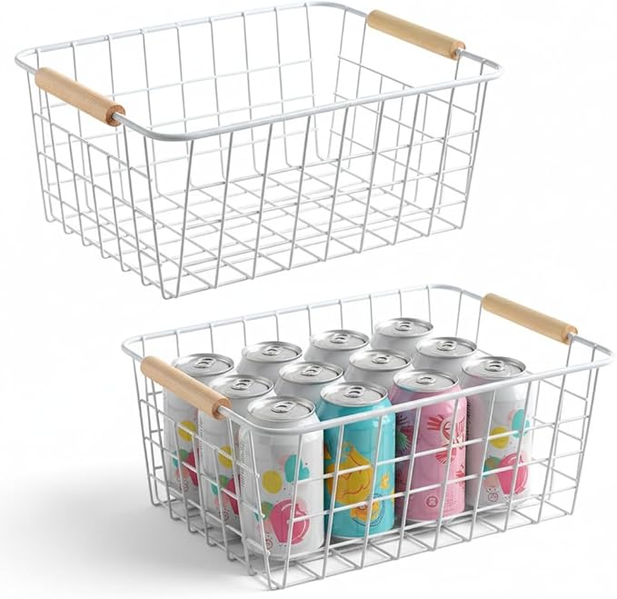 Aeggplant Kitchen Wire Baskets Farmhouse Decor Metal Food Storage Organizer,Household Refrigerator Bin with Built-in Handles for Cabinets, Pantry, Bathroom,2 Packs(white)