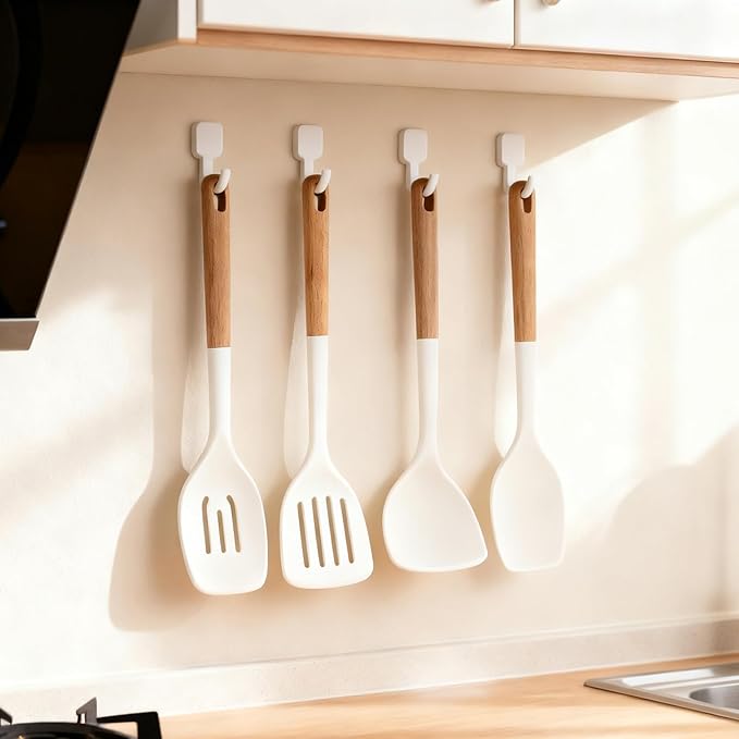 IOCBYHZ Silicone Kitchen Utensils Set of 4, Large Non-Stick Cooking Utensil Set w Wooden Handle Food Grade Heat Resistance Turner Spoon Silicone Cooking Kitchen Gadgets BPA Free for Nonstick Cookware