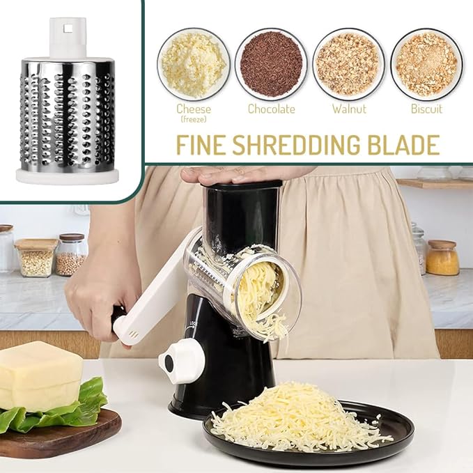 Maxceysen Rotary Cheese Grater with Handle Vegetable Shredder Round Kitchen Slicer Mandoline Grater for Vegetable, Nuts, Chocolate, Chesse, White, 3 Stainless Steel Blades