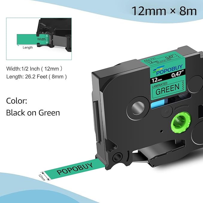 TZ TZe 12mm 0.47 Laminated Green Tape Compatible for Ptouch TZ731 TZ-731 TZe-731 TZe731 Label Tape for PTD210 PTD400 PTD220 PTH110 Label Maker, 5 Pack Black on Green