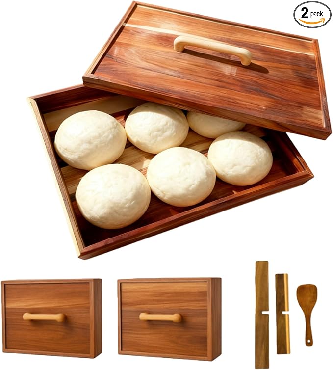 Jorivel 2 Pack Wooden Pizza Dough Proofing Box 16" x 12" w/Lids - Made From Natural Acacia Wood - Ideal Bread Proofing Box, Pizza Storage Container - Comes with 2 Adjustable Partitions & 1 Wood Shovel
