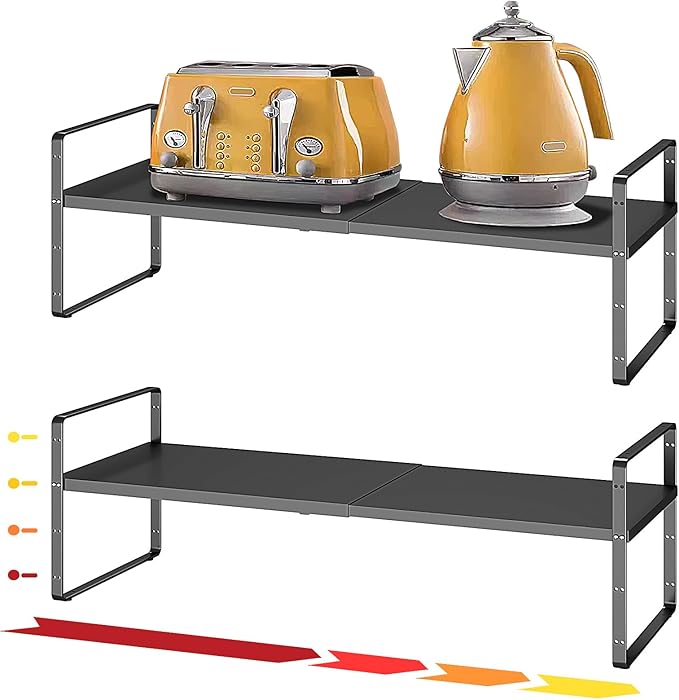 taiheis 16.5~27.1" Expandable Shelf Organizer, 2Pack 8.1" Wide Stackable Cabinet Shelf Organizers, Black Metal Sturdy Kitchen Counter Storage for Countertop, Adjustable Height Spice Rack