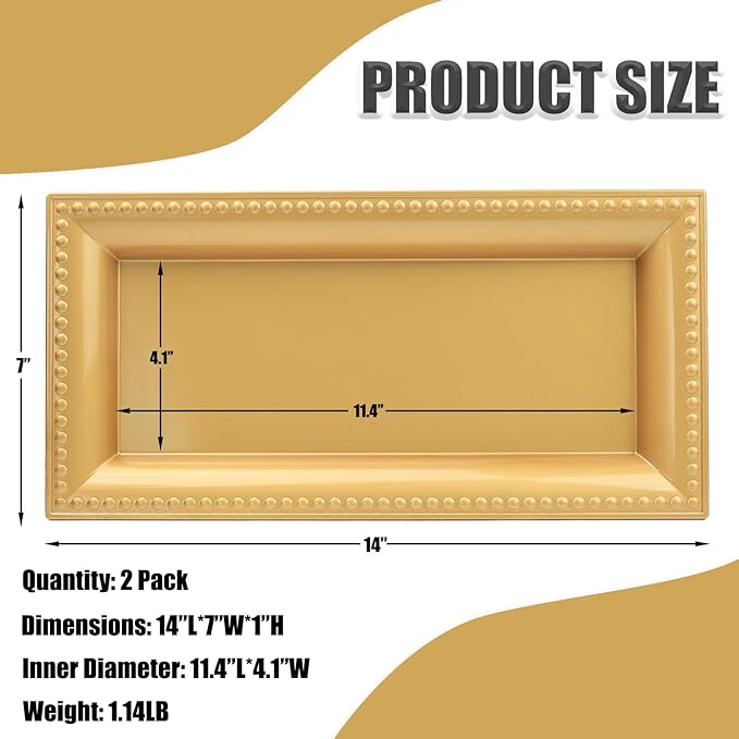 Leemxiiny 2 Pack Gold Bathroom Vanity Tray for Countertop with Beads, Small Plastic Toilet Tank Versatile Storage Organization Tray for Makeup, Perfume, Desk, Kitchen, Candles, 14"x7"x1", 36G