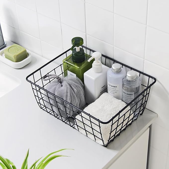 Aeggplant Kitchen Wire Baskets Farmhouse Decor Metal Food Storage Organizer, Household Refrigerator Bin with Built-in Handles for Cabinets,Pantry Set of 2 Black