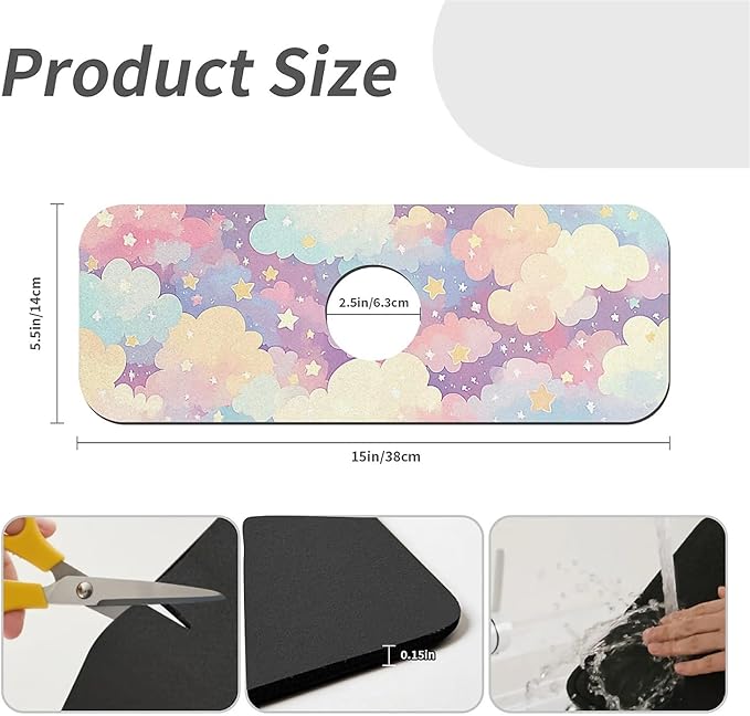 Kitchen Sink Splash Guard，Cute clouds and stars Faucet Mat Sink Gadgets-Super Absorbent Fast Drying Mat Drip Catcher for Kitchen, Bathroom,Sink Mat, Dish Drying Mat, Bathroom(15" X 5.5" )