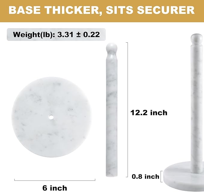 Koville Carrara Marble Paper Towel Holder Countertop, 6“ Genuine Stone Paper Towel Holder Stand for Kitchen Storage, for Standard or Jumbo-Sized Rolls