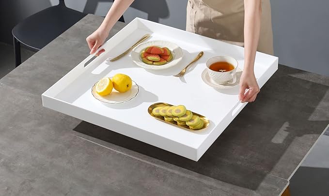 BEYLANG Glossy White Sturdy Acrylic Serving Tray with Handles-24x24Inch-Serving Coffee,Appetizer,Breakfast,Butler-Kitchen Countertop Tray-Makeup Drawer Organizer-Vanity Table,Ottoman Tray-Decorative
