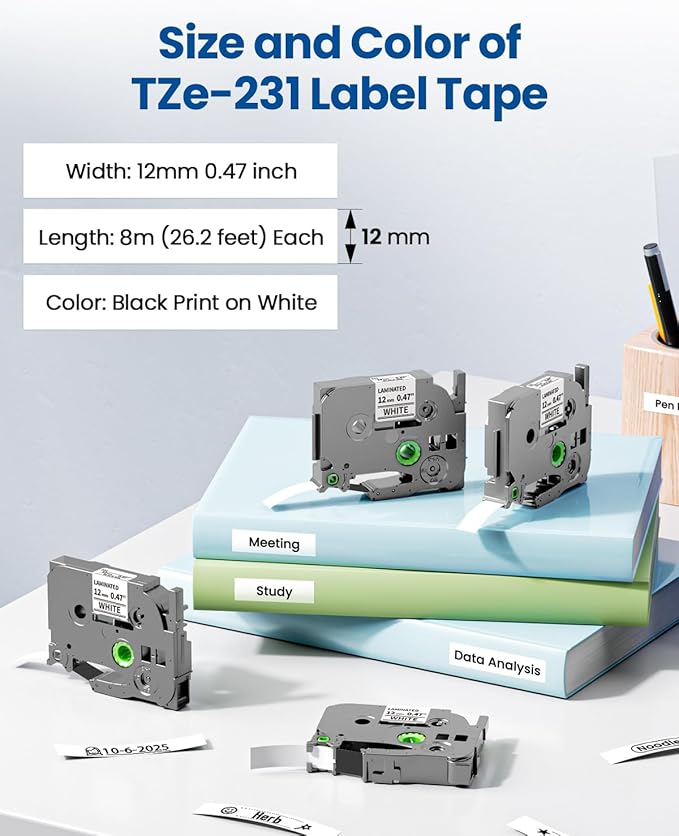 8 Pack Label Maker Tape 12mm 0.47 Laminated White TZe-231 Replacement for Brother Label Tape Compatible with Brother P Touch Label Maker PTD210 PTH110 PTD220 PTD400