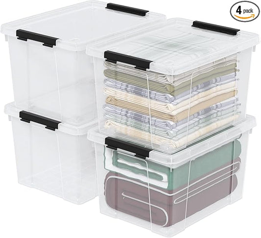 34 Quart Plastic Latching Storage Box with Wheels, 4-Pack Clear Storage Bins with Lids