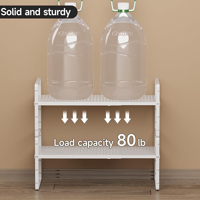 jkxoo Expandable Cabinet Countertop Shelves 16.5-27’’L, Adjustable Metal Spice Rack Organizer, Stackable Kitchen Counter Storage Shelves Organizers for Cabinet Organization, White