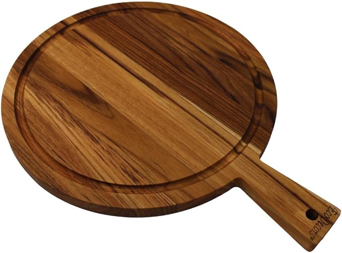 EcoDecors 16" Round Teak Cutting Board with Handle, FSC Certified Solid Wood, Edge Grain with Juice Groove, Carving Board for Meat & Kitchen Use