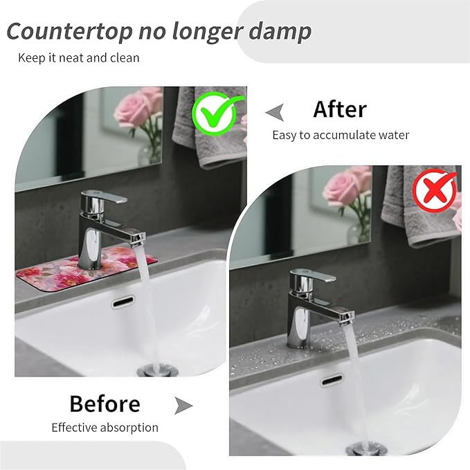 Kitchen Sink Splash Guard，vibrant watercolor peonies Faucet Mat Sink Gadgets-Super Absorbent Fast Drying Mat Drip Catcher for Kitchen, Bathroom,Sink Mat, Dish Drying Mat, Bathroom(15" X 5.5" )