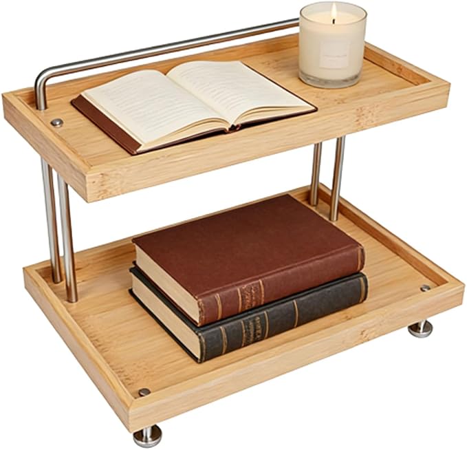 HYNAWIN Bamboo Two-Tier Storage Rack，Tabletop Storage Organizer for Kitchen, Bathroom, Office, and Home Use