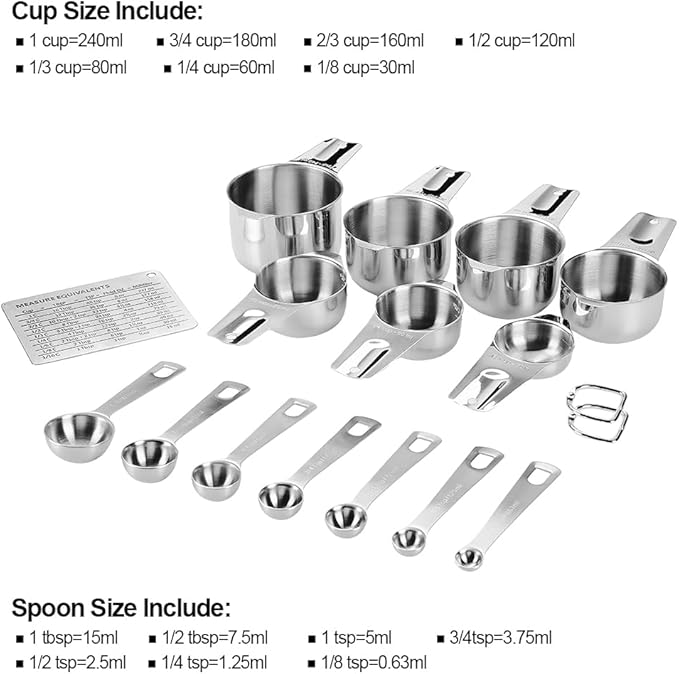 KUBEMUEG Measuring Cups and Spoons Set Heavy Duty 304 Metal Stainless Steel Measuring Cup Spoon Kitchen Gadgets for Cooking Baking (Set of 17)