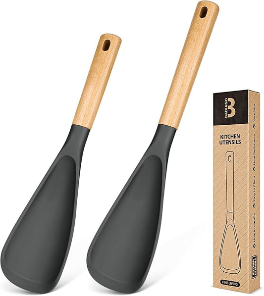 Multifunction Spoon for Nonstick Cookwares, Great for Cooking and Serving, Sturdy BPA-Free Matte Silicone, Wood Handle Spoonula for Mixing, Scoop, and Scrape, Grey(2 pack,11.4" & 13.4")