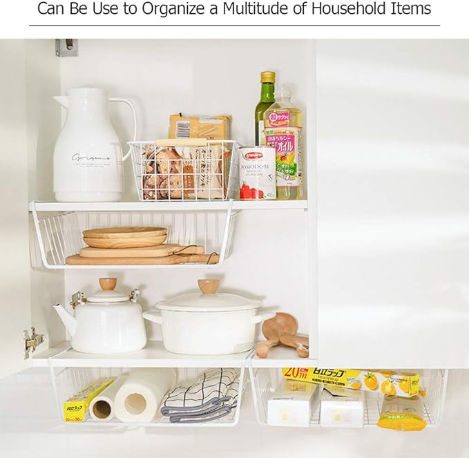 4 Pack Under Shelf Basket, Dveda Durable Metal Wire Rack Hanging Shelf Storage Basket, Under Cabinet Organizer Shelf for Kitchen/Pantry/Bathroom/Desk - Slide Arms Height:1.45 in(White)