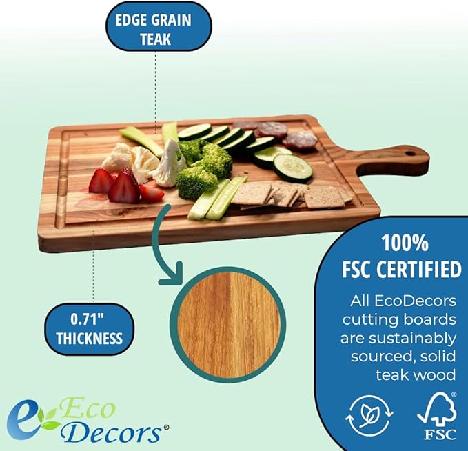 EcoDecors 17"x10" Teak Cutting Board with Handle & Juice Groove, FSC Certified Edge Grain Wood, Rectangle Prep & Serving Board for Kitchen