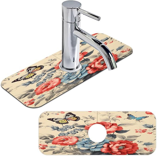 Vintage Floral Butterfly Kitchen Faucet Mat Splash Guard, 15.4”x5.7” Absorbent Quick Drying Sink Mat for Countertop Protection, Draining Mat Sink Protectors For Kitchen Bathroom, 2 Pack