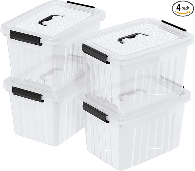 Set of 4 Storage Bins with Latch Lids, Clear Plastic Storage Box with Handle, 18 L