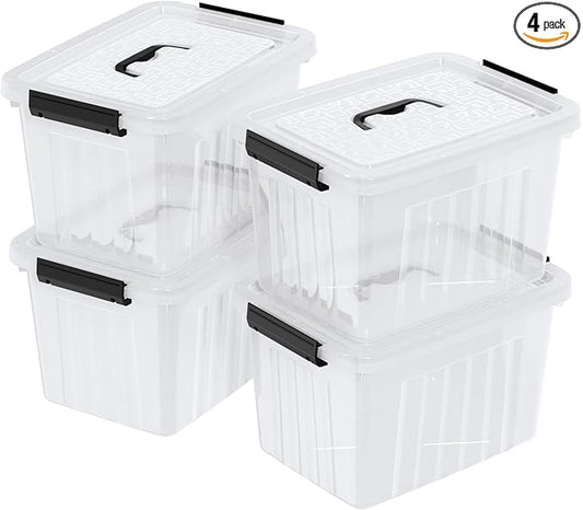 Set of 4 Storage Bins with Latch Lids, Clear Plastic Storage Box with Handle, 18 L