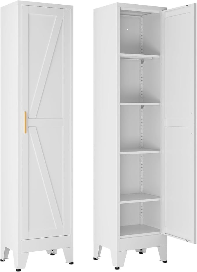 YNIQUESTLE 67" Tall Storage Cabinet with Reversible Doors and Adjustable Shelves,Metal Slim Freestanding Cabinets for Bathroom Kitchen Garage Small Spaces,White