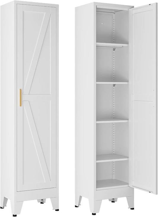 YNIQUESTLE 67" Tall Storage Cabinet with Reversible Doors and Adjustable Shelves,Metal Slim Freestanding Cabinets for Bathroom Kitchen Garage Small Spaces,White