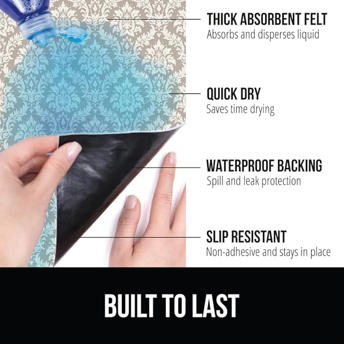 GORILLA GRIP LeakGuard Non-Adhesive Under Sink Mat for Kitchen Cabinet, 24x50, Waterproof Quick Dry Shelf Liner, Durable Absorbent Felt Mats for Bathroom Sinks, Cabinets, Dresser, Damask Taupe Cream