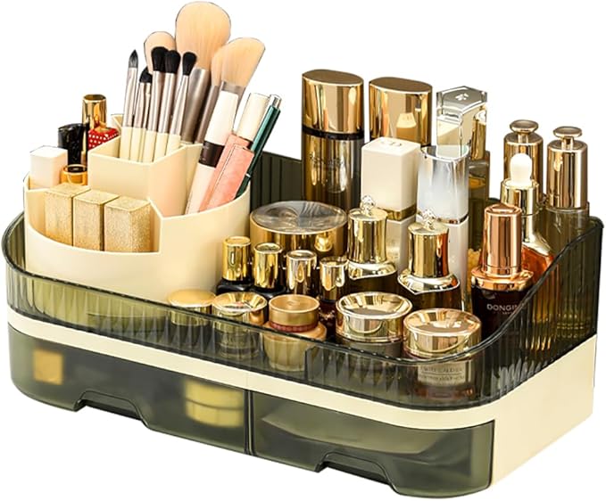Tidyladyo Makeup Organizer with Dual Drawers - Large Capacity Countertop Cosmetic Storage for Skincare Vanity Bathroom
