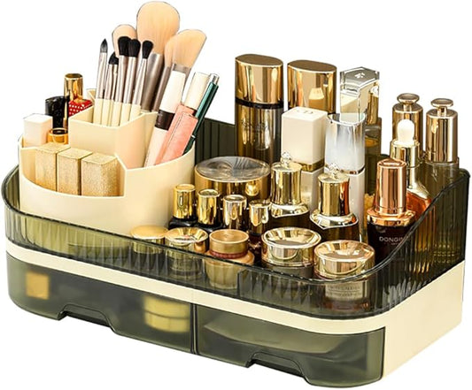 Tidyladyo Makeup Organizer with Dual Drawers - Large Capacity Countertop Cosmetic Storage for Skincare Vanity Bathroom