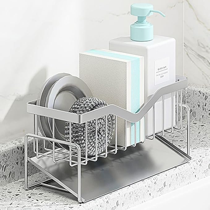 Kitchen Sink Caddy Sponge Holder, Quick Draining, SUS 304 Stainless Steel Sponge Organizer, Basket for Cleaning and Scrub Tool, Kitchen Sink Brush Caddy Holder