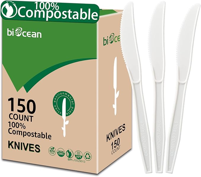 BIOCEAN 100% Compostable No Plastic Knives Plastic Forks Plastic Spoons Plastic Utensils, The Heavyweight Heavy Duty Flatware is Eco Friendly Products for Lounge Party Wedding BBQ Picnic Camping.
