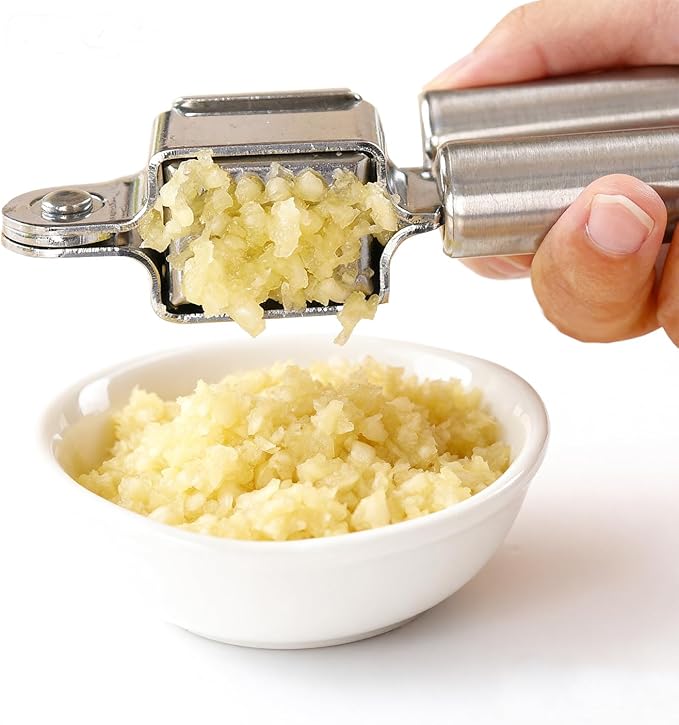 MANJIA Garlic Press and Peel Set Stainless Steel- Rust Proof Garlic Mincer Tool - Easy-Squeeze, Easy-Clean Silicone Garlic Peeler & Brush (Orange)