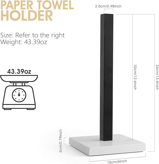 LUTAVOY Paper Towel Holder Kitchen Standing Paper Towel Roll Holder with Marble Base for Bathroom Kitchen Countertop(Matt Black,White Base KZ60)
