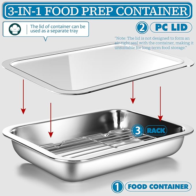 Stainless Steel Food Prep Container Set with Rack & Transparent Lid, Casserole, Bake Pan, Hotel Pan, For Deep Frying Prep/Marination/Oven Roasting/Buffet Party(No.2)