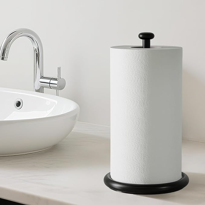 VEHHE Paper Towel Holder Countertop with Weighted Base, One-Handed Tear Paper Towel Holder with Damping Function and EVA Non-Slip Pad for Bathroom and Kitchen (Black)
