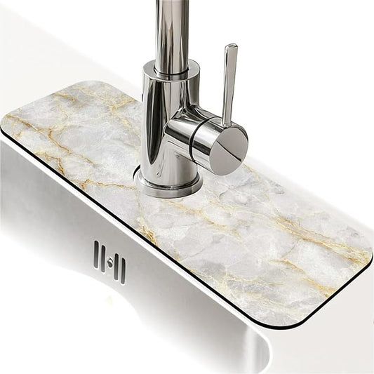 Kitchen Sink Splash Guard，white golden Marble Faucet Mat Sink Gadgets-Super Absorbent Fast Drying Mat Drip Catcher for Kitchen, Bathroom,Sink Mat, Dish Drying Mat, Bathroom(15" X 5.5" )