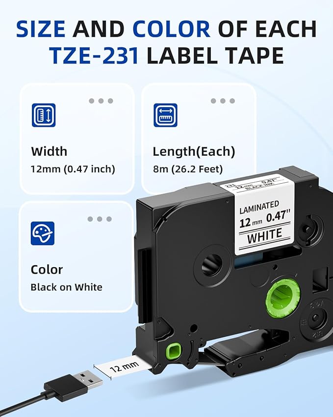 12 mm 0.47 Laminated White Tape, Replacement for Brother P Touch Label Maker Tape TZe-231 1/2" Black on White, TZE231 for PT-D210 D220 H110 D400 D410 D600 D610BT, 12mm x 8m, 10-Pack