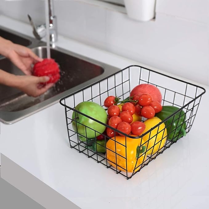 Aeggplant Kitchen Wire Baskets Farmhouse Decor Metal Food Storage Organizer, Household Refrigerator Bin with Built-in Handles for Cabinets,Pantry Set of 2 Black