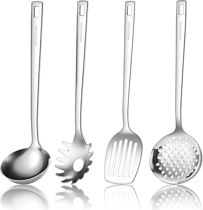 MAXCOOK 18/8 Stainless Steel Cooking Utensils Set, Spatula Set Kitchen Wok Utensils Set, Include Soup Ladle,Spaghetti Server,Slotted Spatula Turner,Skimmer(Dishwasher Safe, Mirror Polished)