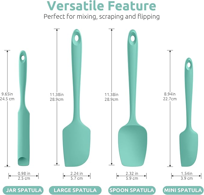 U-Taste 600ºF Heat Resistant Silicone Spatulas: Flexible Food-Grade Silicon Baking Scraper, Kitchen Cooking Mixing Utensils with Upgraded Sturdy Handle Tip for Nonstick Cookware (4-Pc., Teal)